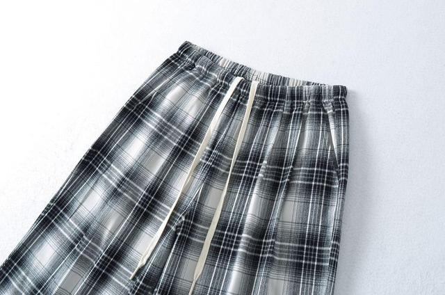 Drawstring Waist Plaid Wide Leg Pants Product Image