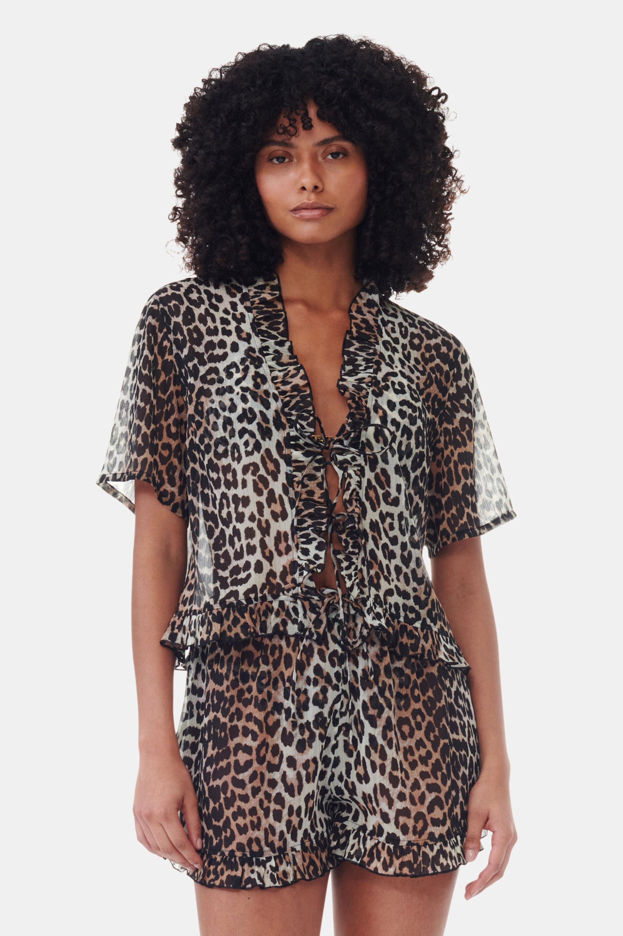 Leopard Printed Chiffon Tie String Blouse Product Image