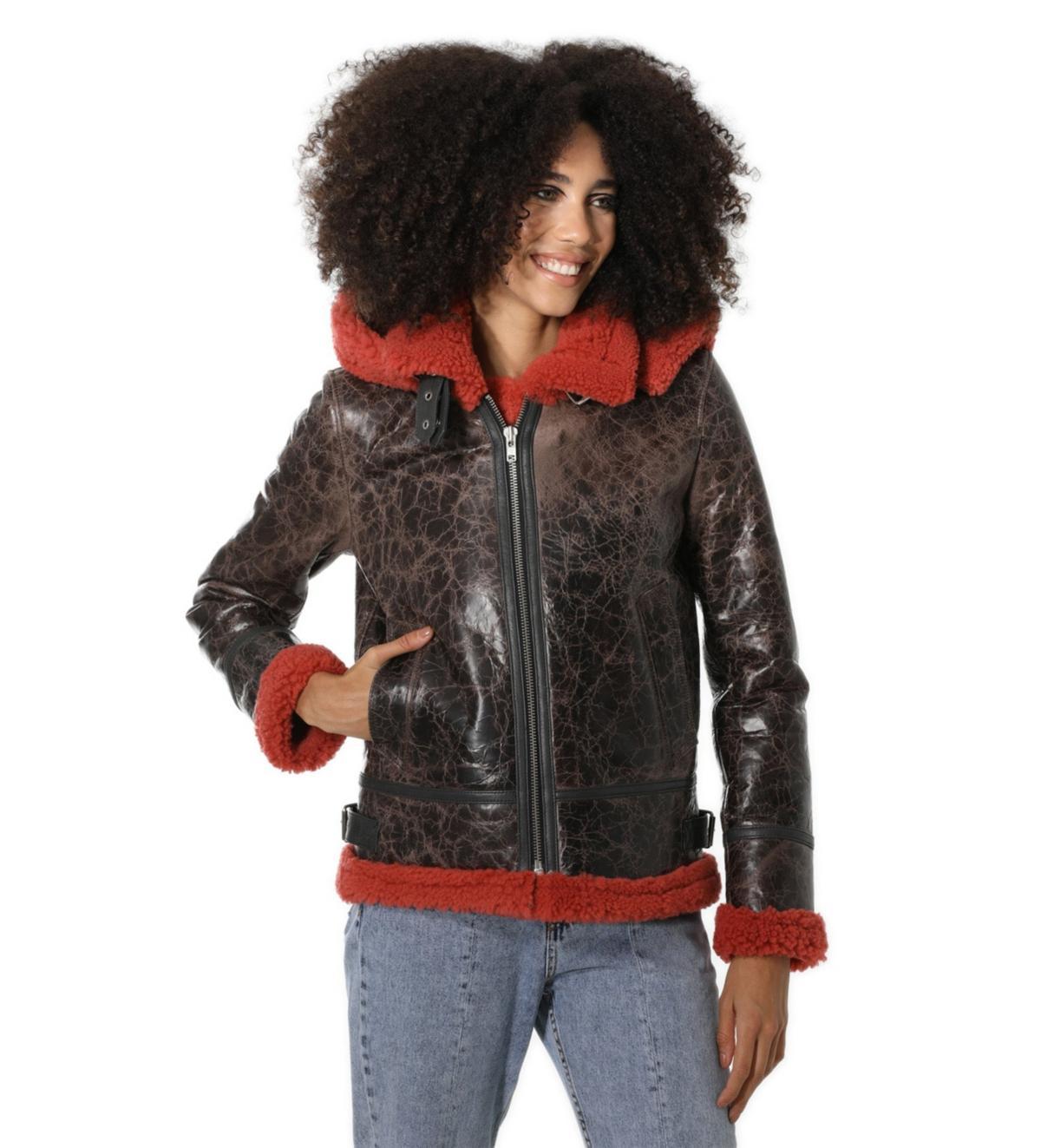 Furniq Uk Womens Detachable Hooded Shearling Jacket, Cracked Brown with Coral Curly Wool Product Image