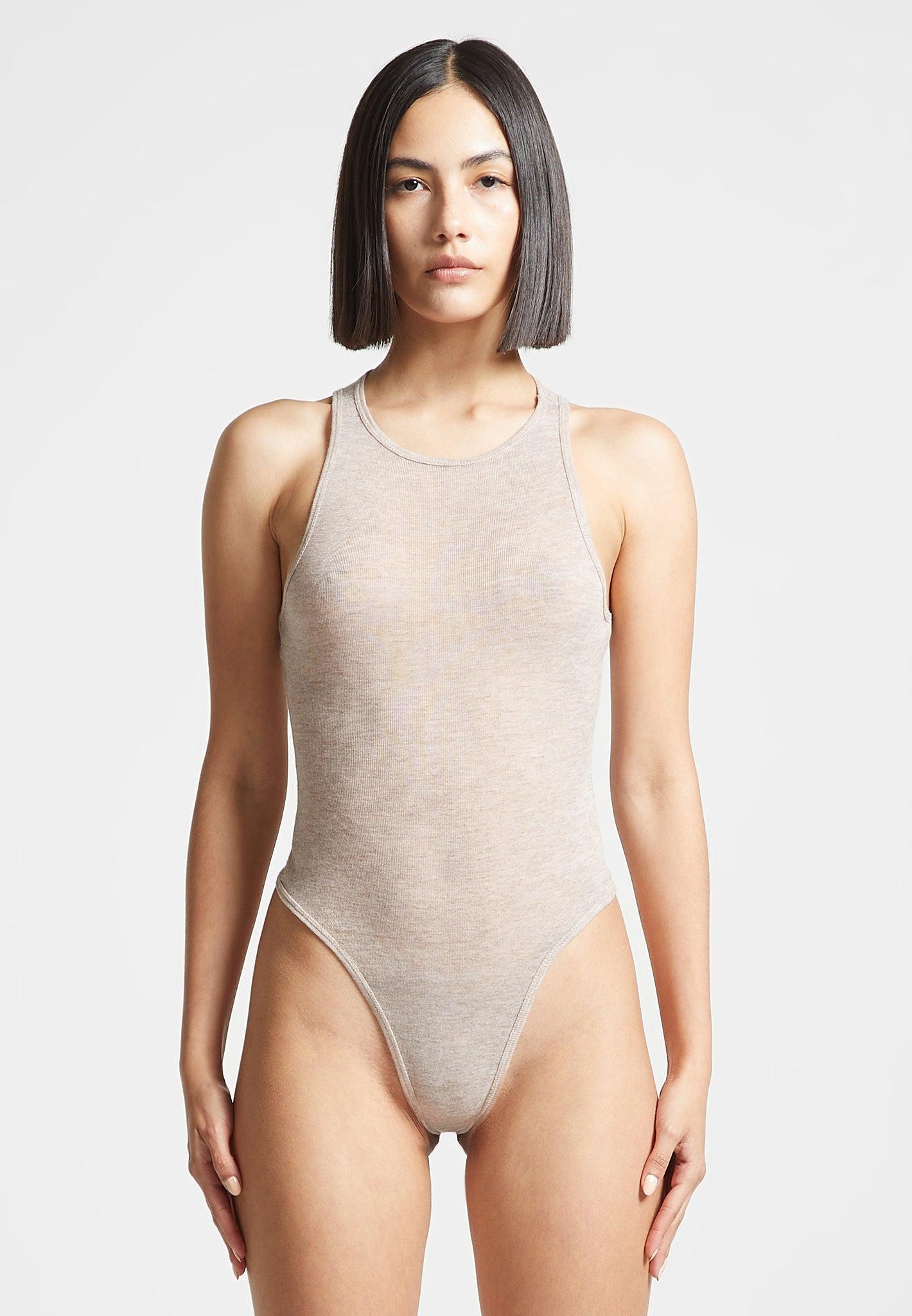 Éternelle Sheer Racer Neck Bodysuit - Beige Female Product Image