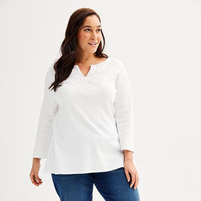 Plus Size Croft & Barrow Lace Split Neck Top, Womens Product Image