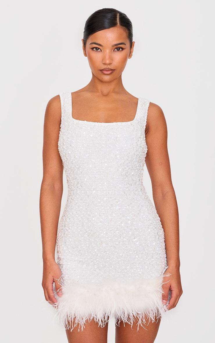 White Sequin Scoop Neck Feather Hem Shift Dress Product Image