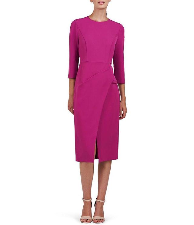 Kay Unger Stretch Crepe Crew Neck 3/4 Sleeve Draped Waist Front Slit Knee Length Sheath Dress Product Image