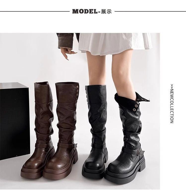 Platform Buckled Button Knee High Boots Product Image