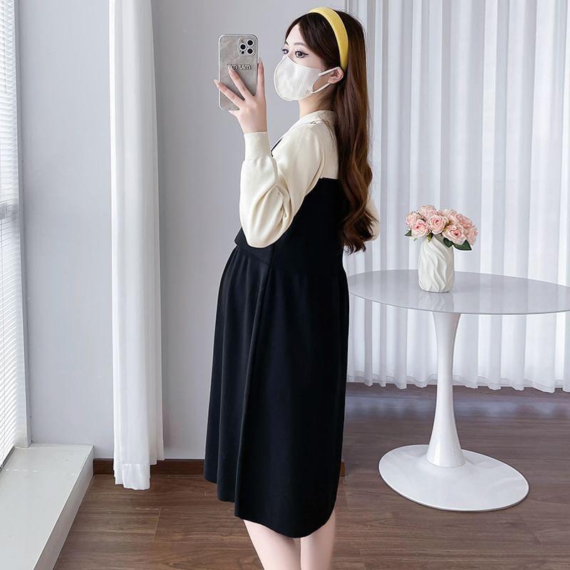 Maternity Long-Sleeve Collar Two Tone Mock Two-Piece A-Line Dress Product Image