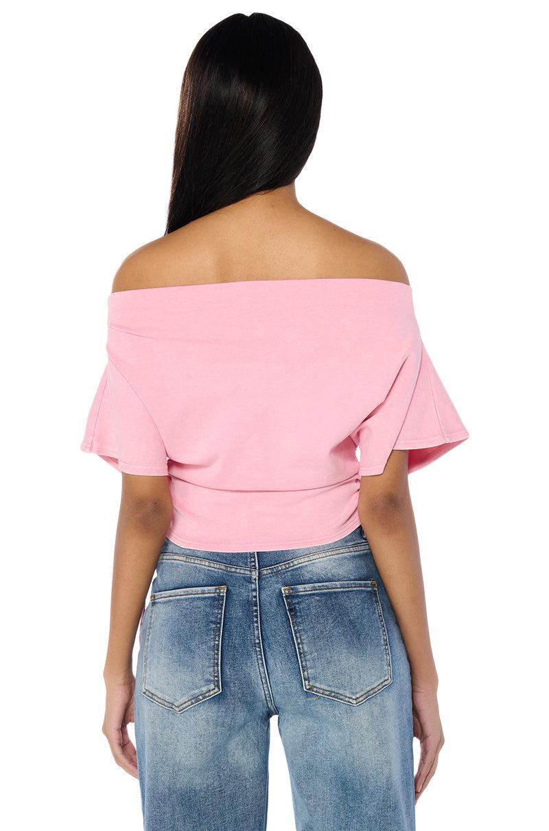 CRAZY IN LOVE SHORT SLEEVE OFF THE SHOULDER TSHIRT IN PINK Product Image