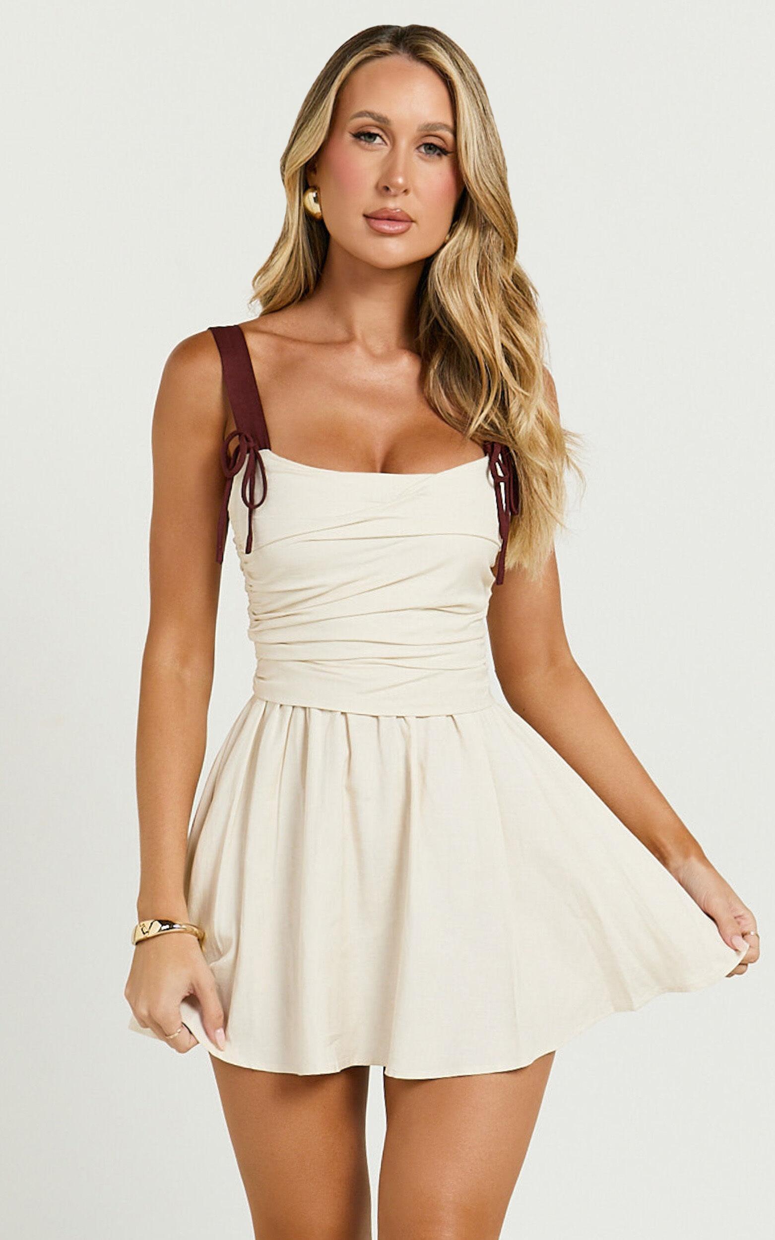 Tommy Mini Dress - Ruched Bodice Laced Back Gathered Skirt Dress in Cream Product Image