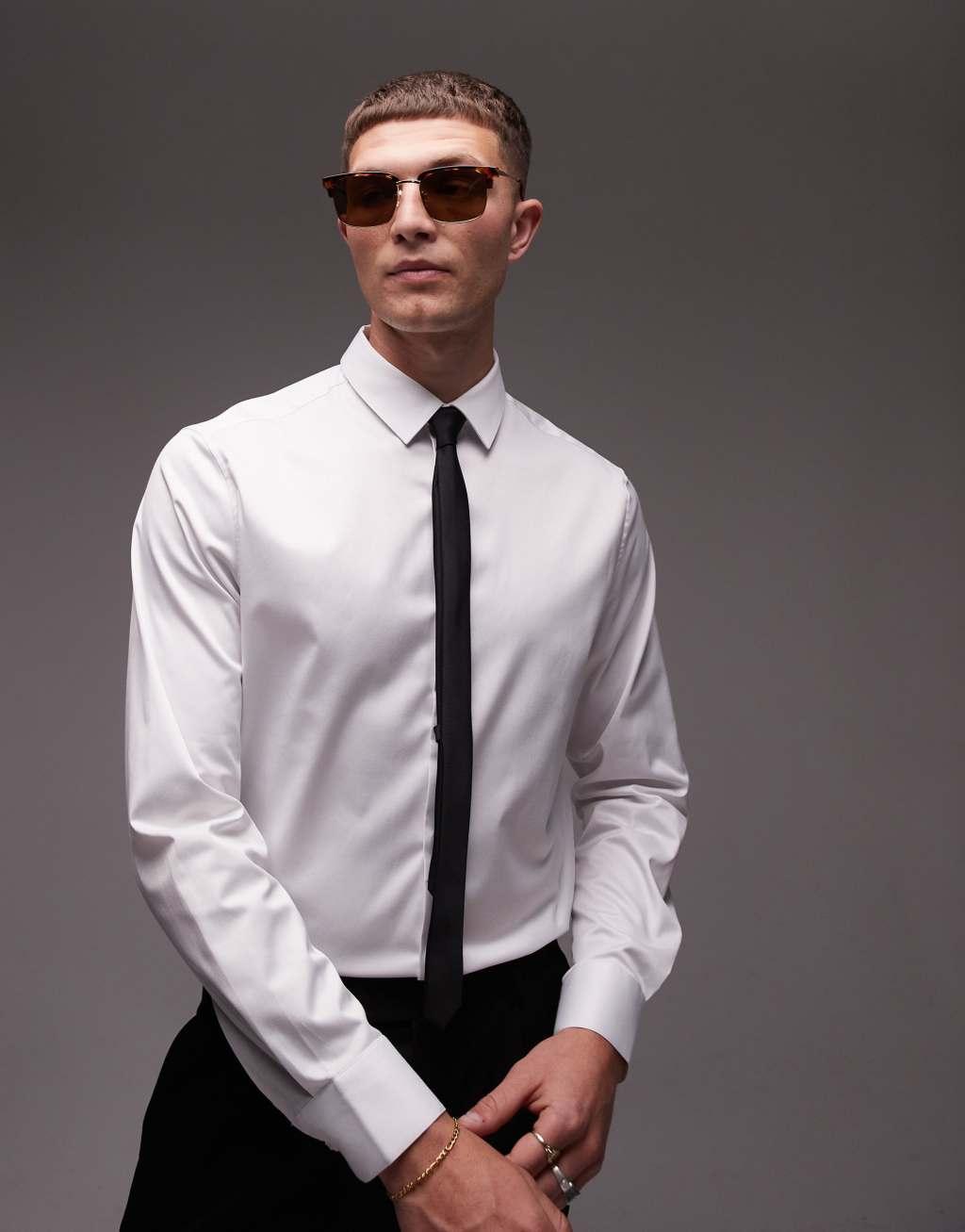 Topman long sleeve formal slim sateen shirt in white Product Image