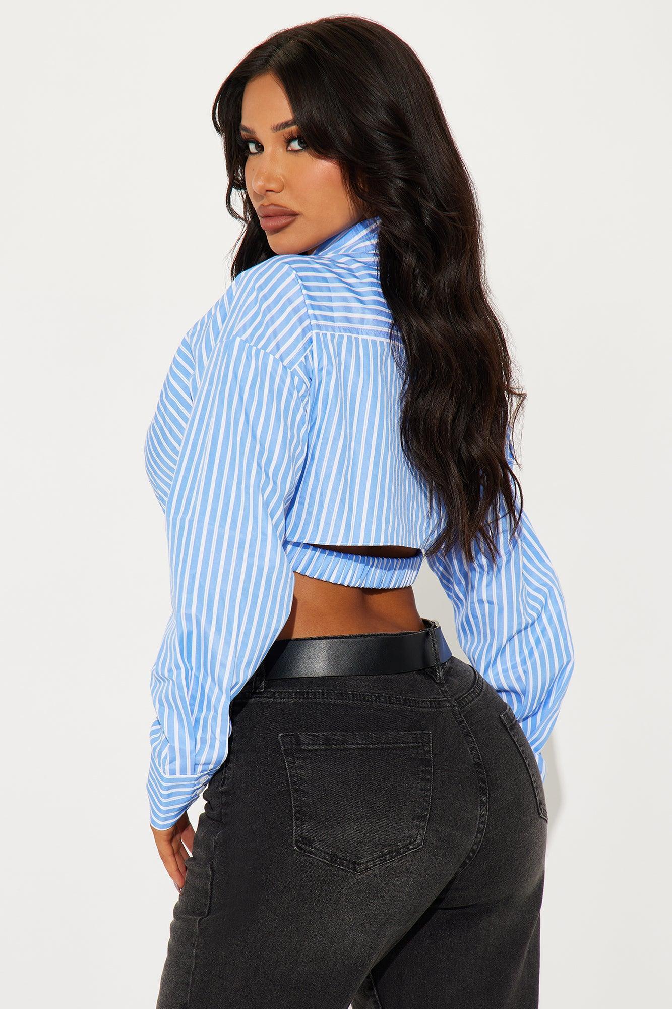 Brandi Cropped Striped Poplin Blouse Top - Blue/combo Product Image