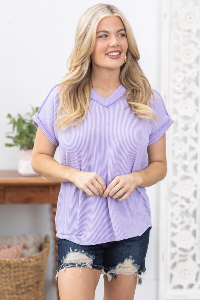 Lavender Ribbed V-Neck Knit Top Product Image