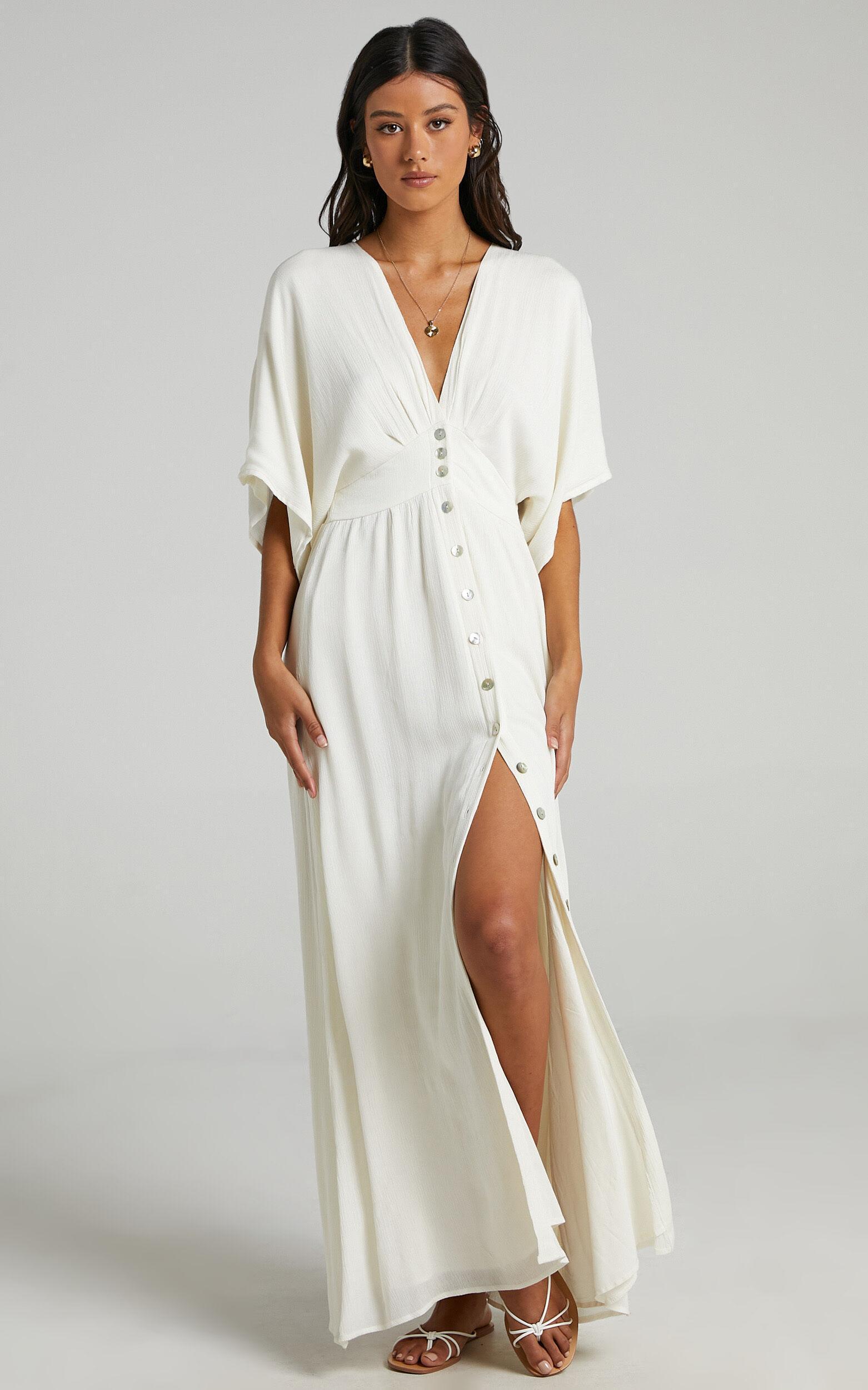 Sitting Pretty Midi Dress - Short Sleeve Button Down Dress in Natural Product Image