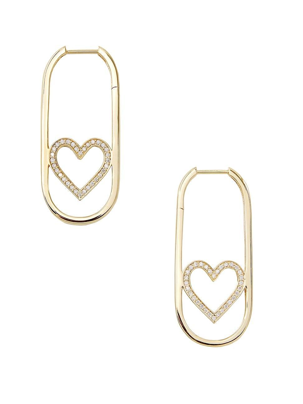 Womens 14K Yellow Gold & 0.18 TCW Diamond Oval Heart Hoop Earrings Product Image