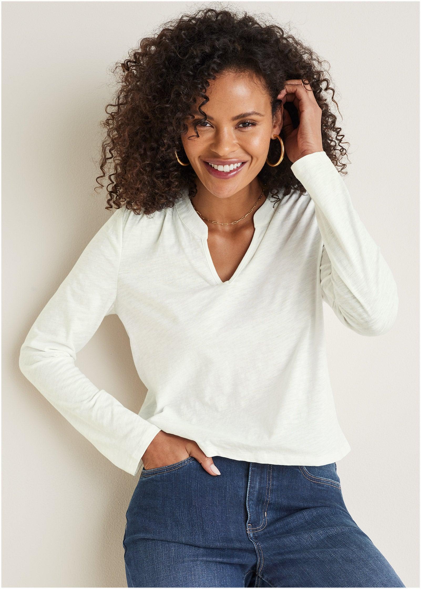 V-Neck Shirred Long Sleeve Top - Off White product image