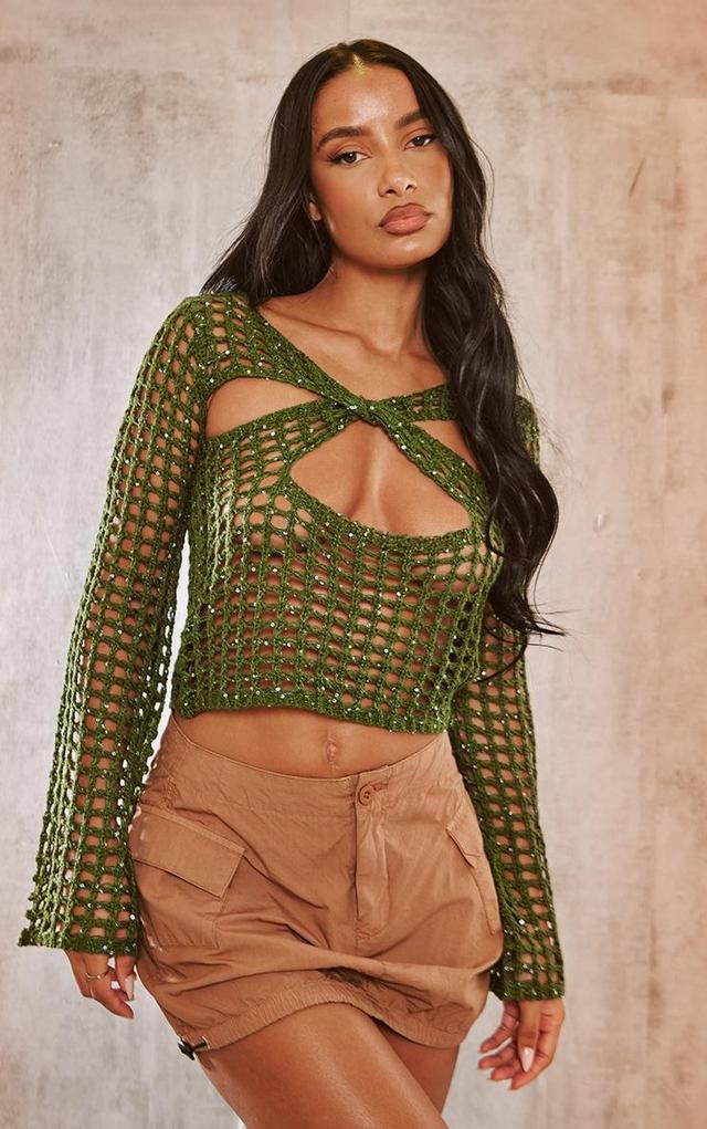 Khaki Crochet Knitted Sequin Long Sleeve Top Product Image