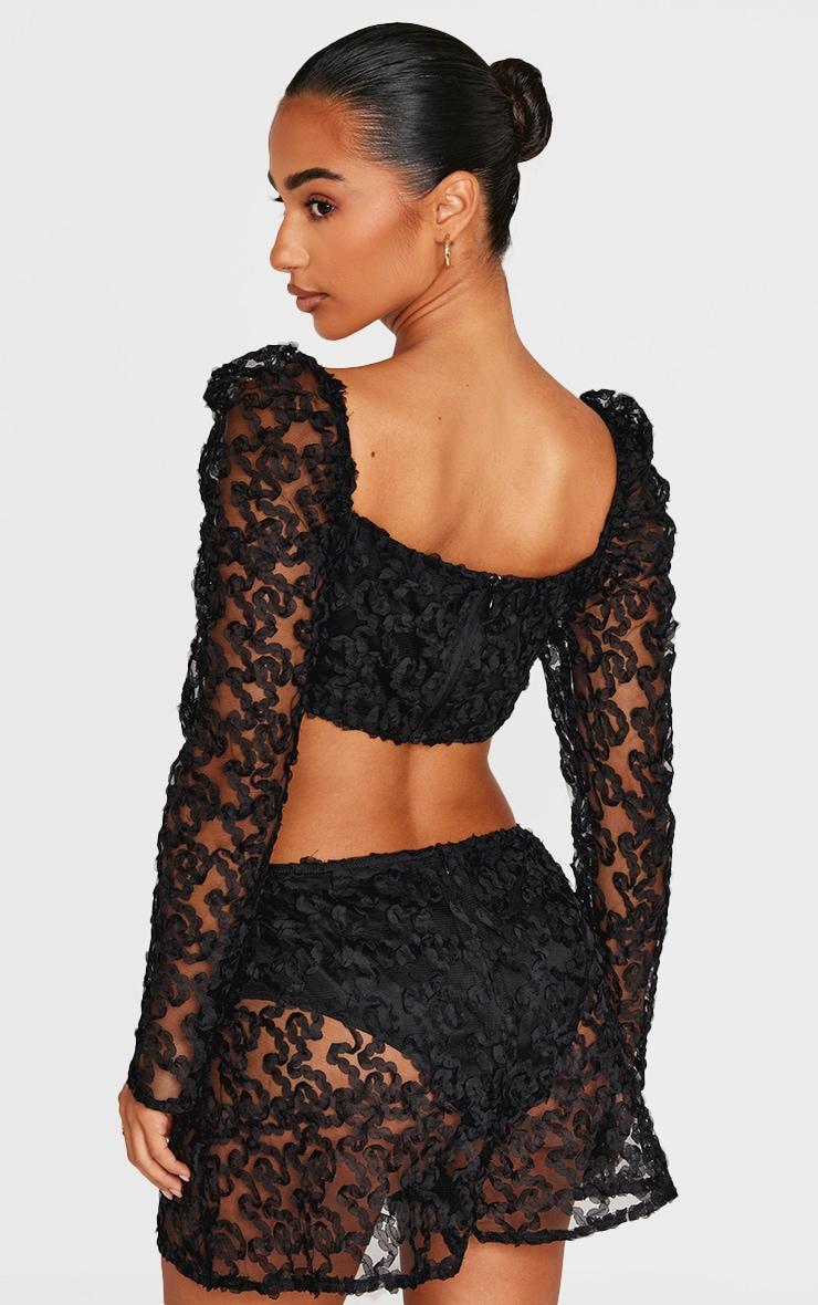 Petite Black Textured Woven Mesh Sleeve Crop Top  Product Image