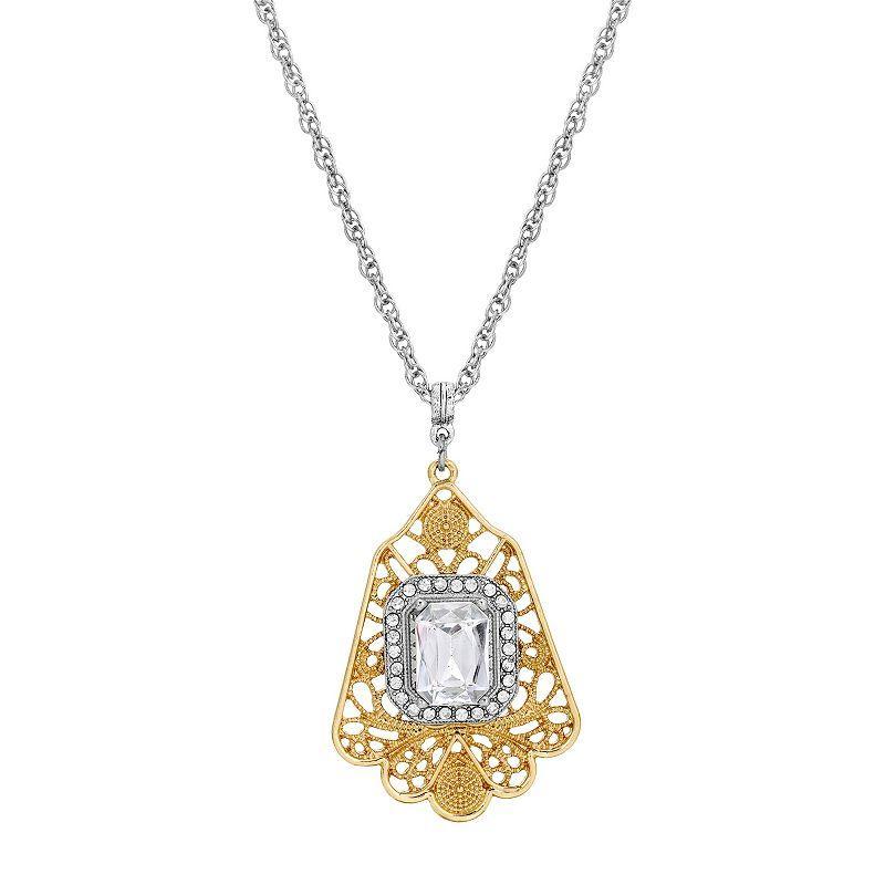 1928 Silver Tone Crystal Gold Filigree Pendant Necklace, Womens, Brown Over Product Image