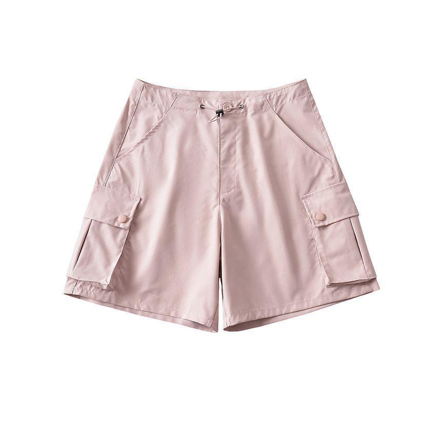 Drawstring Waist Plain Cargo Shorts Product Image