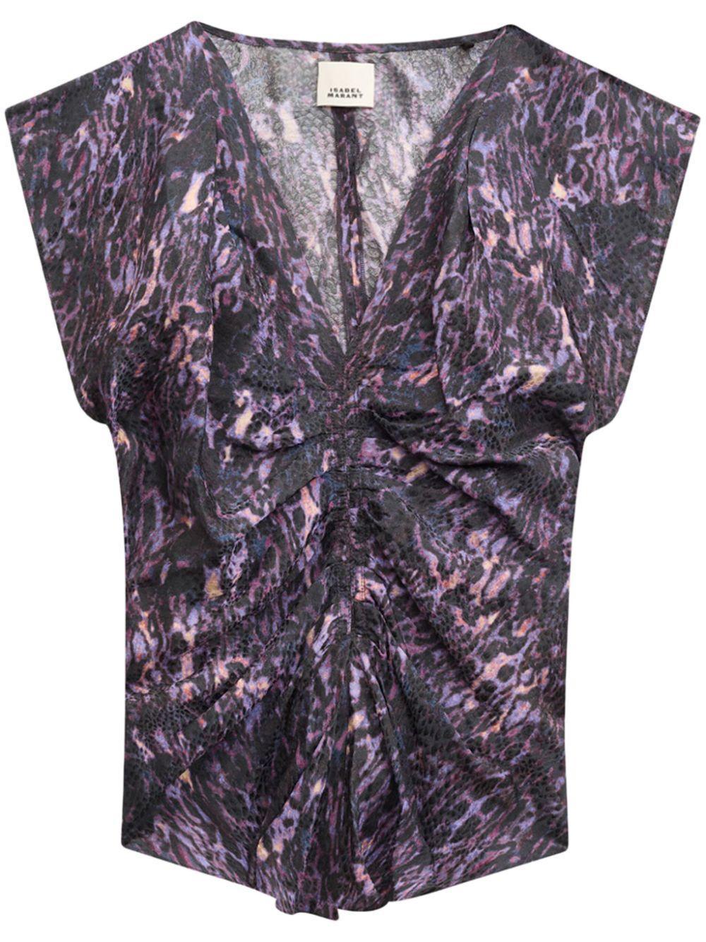 ISABEL MARANT Women's Lonea Animal-print Ruched Blouse In Dark Plum Product Image