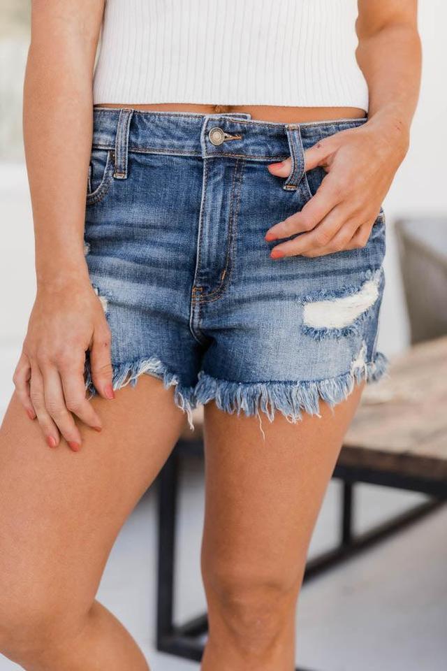 Breakaway Freedom Raw Hem Distressed Dark Wash Jean Shorts FINAL SALE Product Image