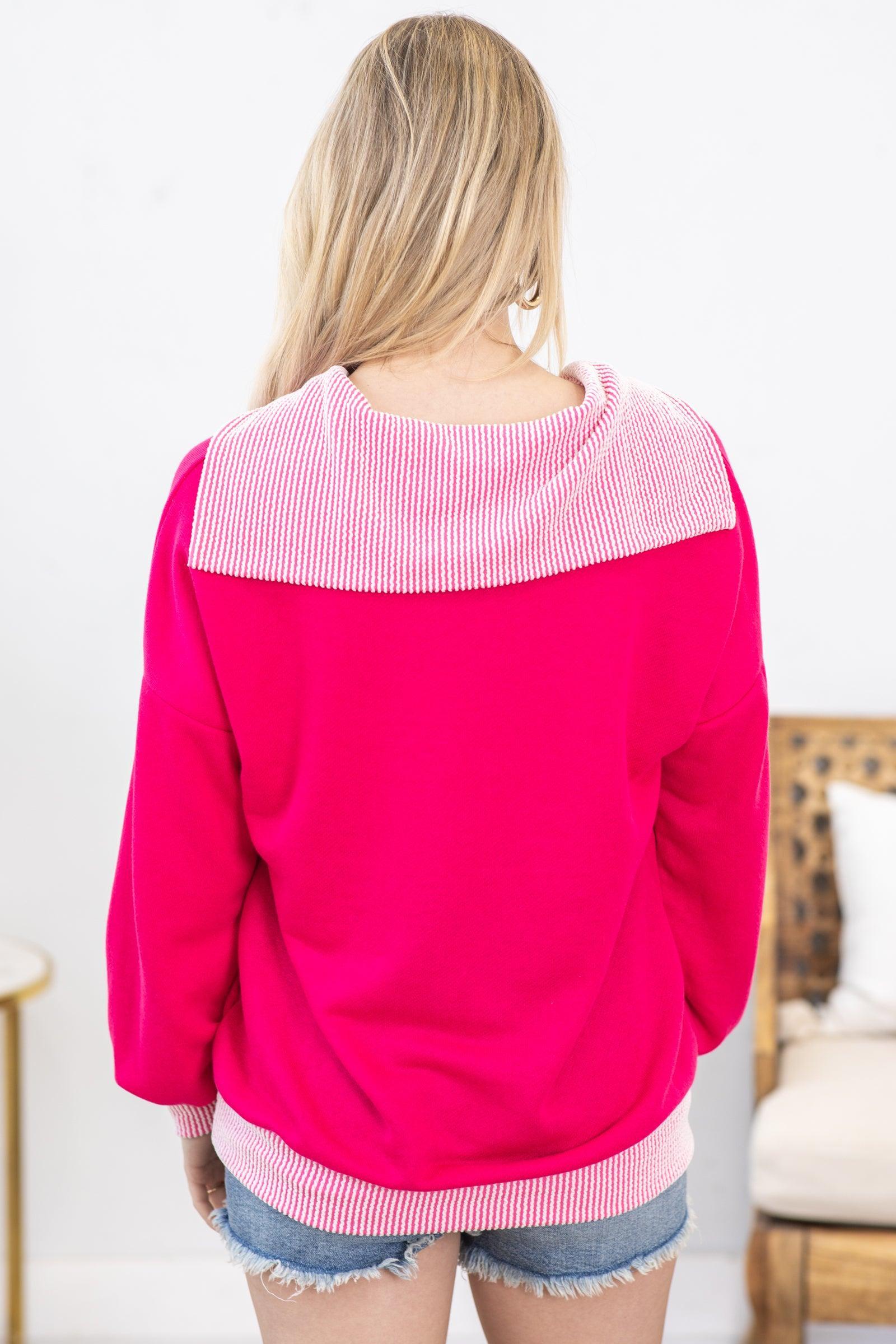 Hot Pink Long Sleeve Rib Detail Knit Top Product Image