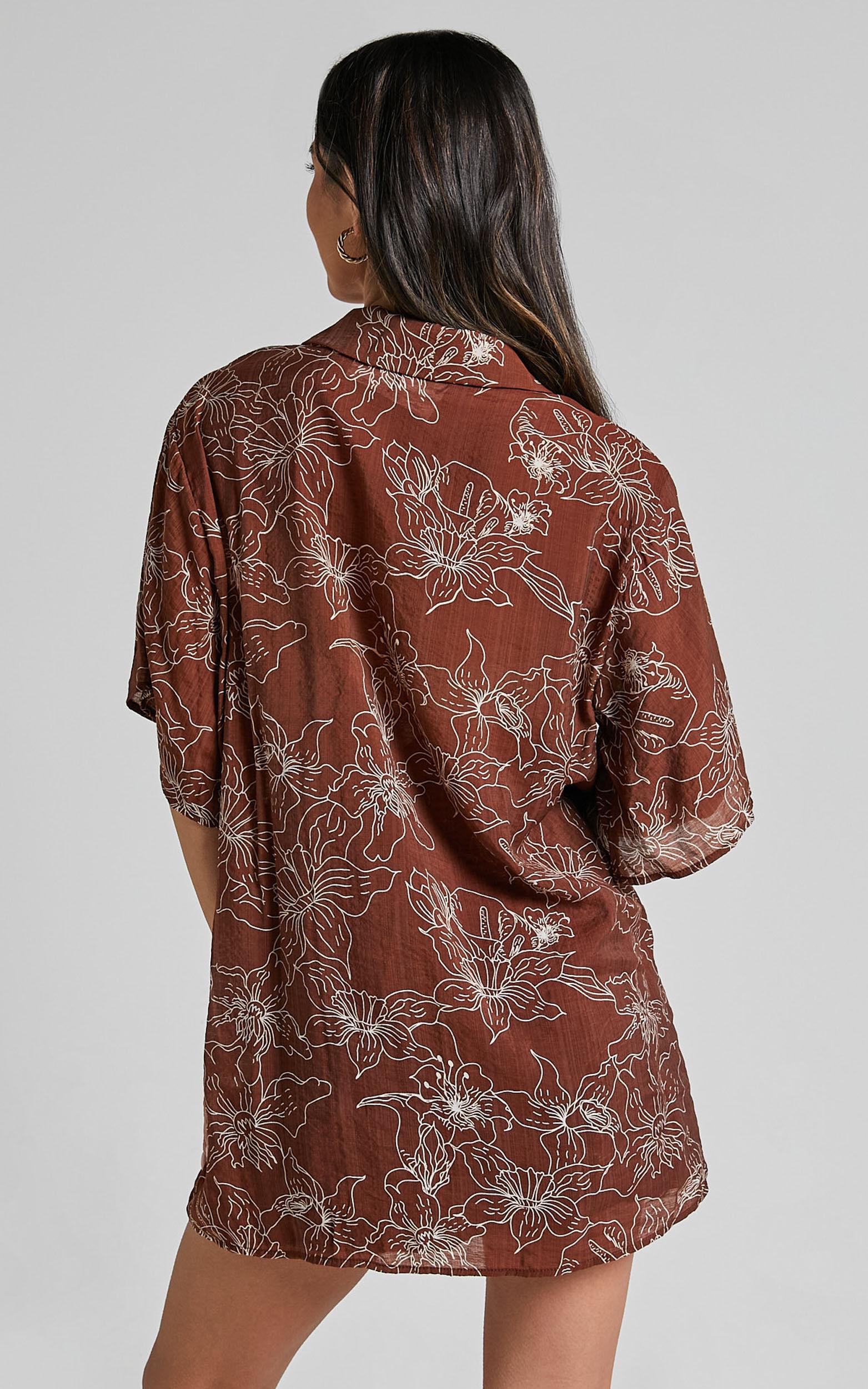 Alofi Top - Collared Button Through Short Sleeve Blouse in Brown Floral Product Image