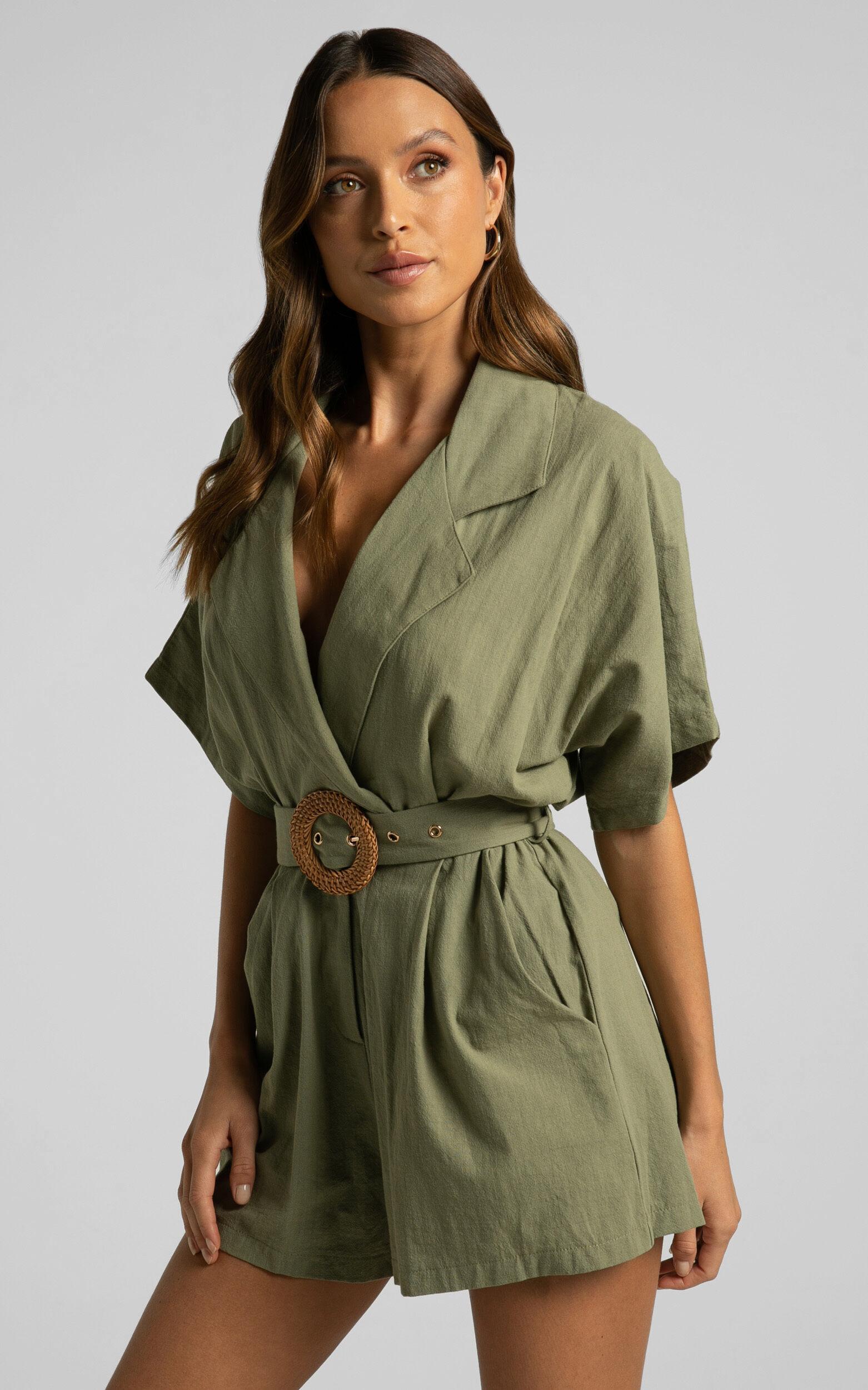 Thaisa Playsuit - Short Sleeve Collared Belted Playsuit in Khaki Product Image