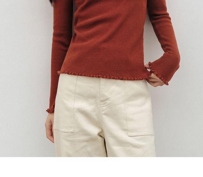 Long-Sleeve Mock Neck Plain Lettuce Edge Slim Fit Knit Top Product Image