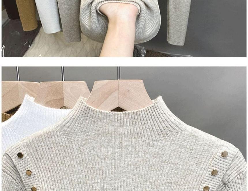 Long-Sleeve Mock Neck Studded Ribbed Knit Top Product Image