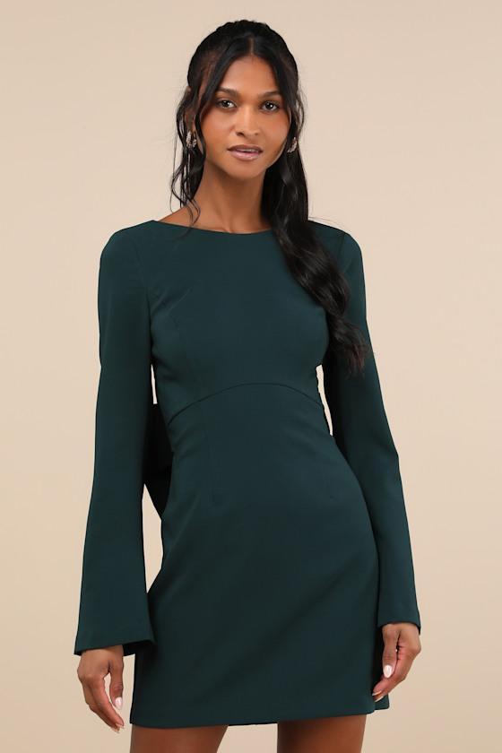 Elegant Cutie Emerald Bow Long Sleeve Backless Mini Dress Product Image