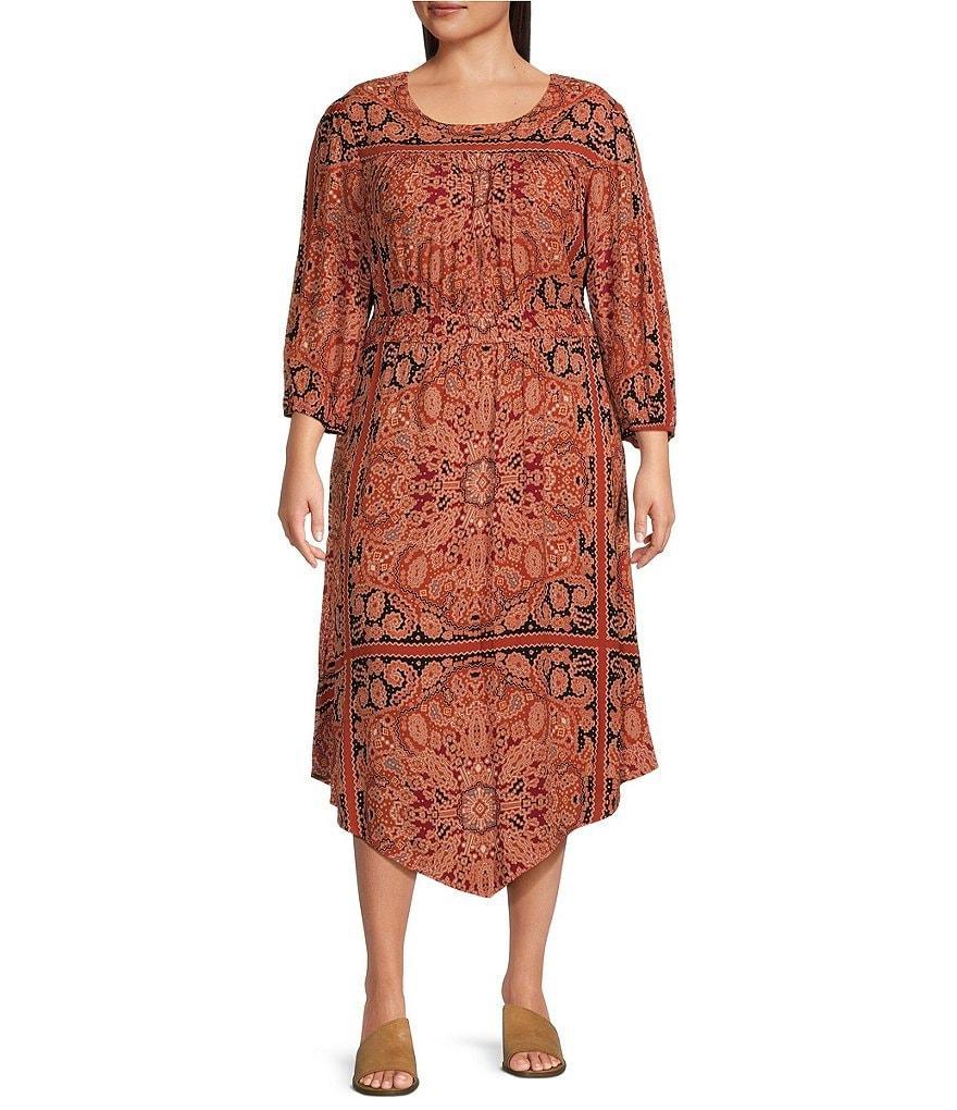 Nurture by Westbound Plus Size Spice Scarf Print 3/4 Sleeve Pointed Hem Midi Dress Product Image