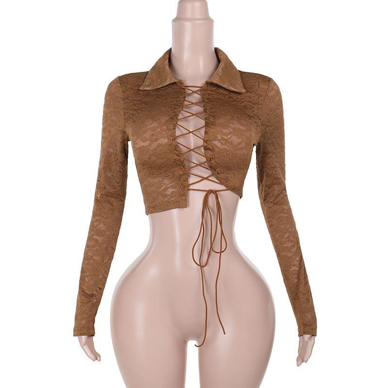 Long-Sleeve Collar Lace-Up Lace Crop Top Product Image