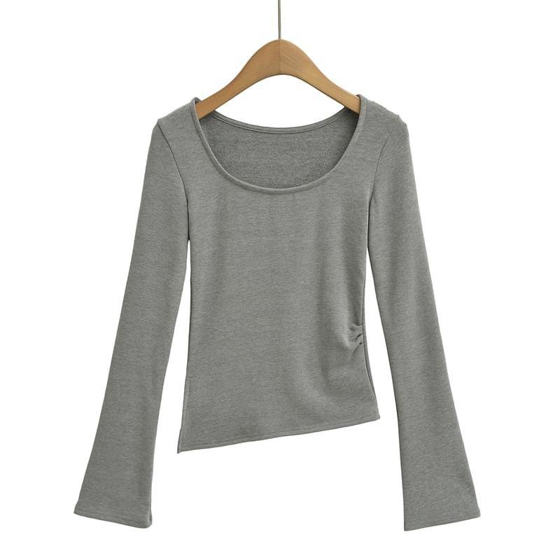 Long Sleeve Scoop Neck Plain Ruched T-Shirt Product Image