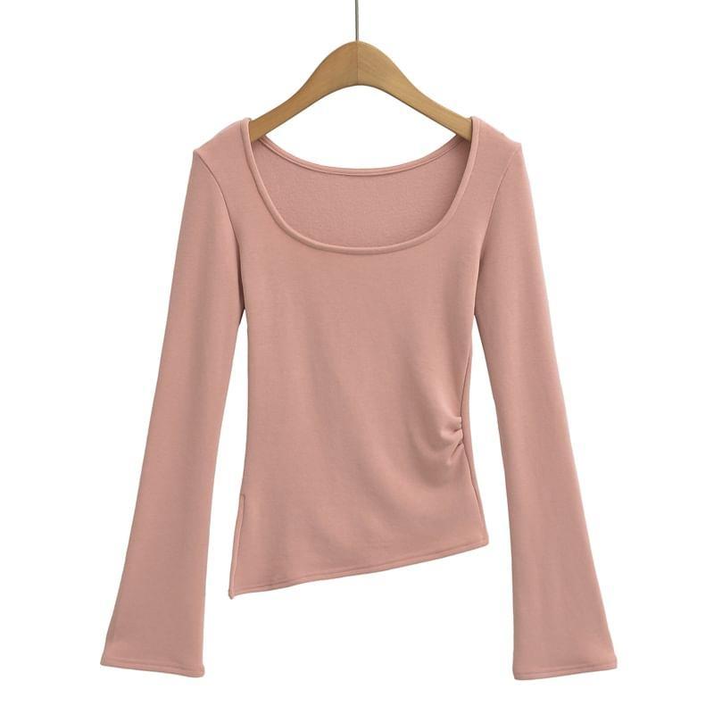 Long Sleeve Scoop Neck Plain Ruched T-Shirt Product Image