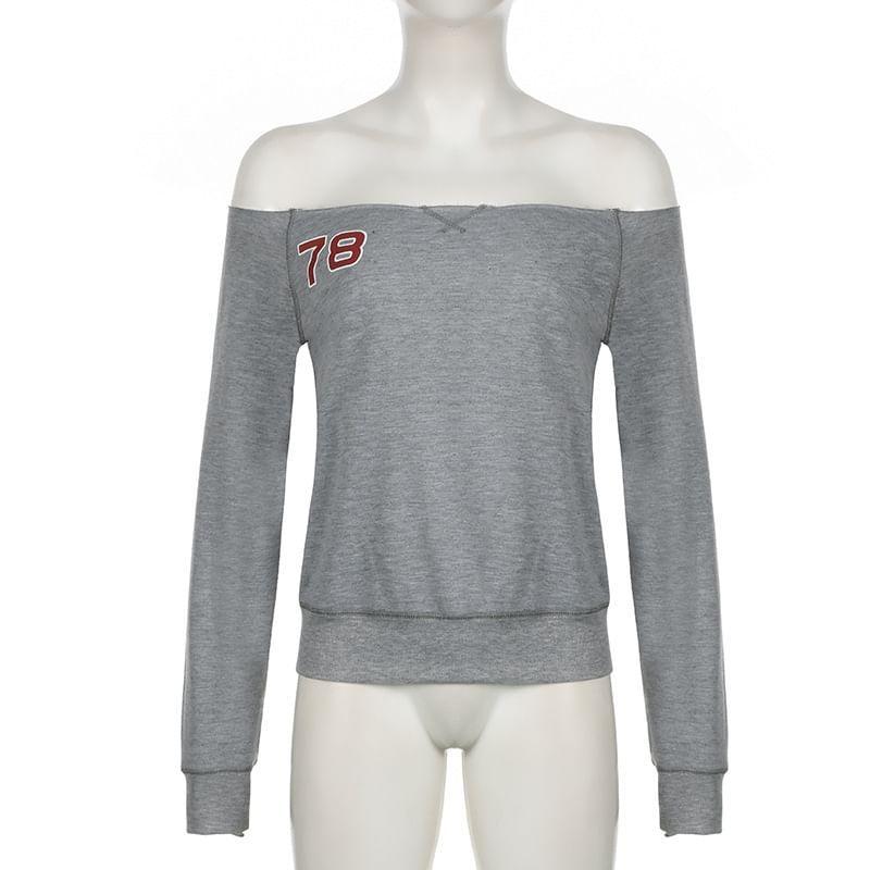 Off Shoulder Numbering Print Sweatshirt Product Image