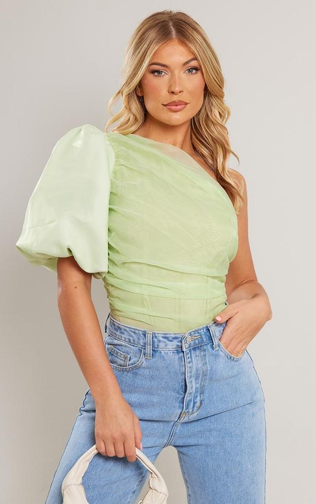 Sage Green Organza Detail One Shoulder Bodysuit Product Image