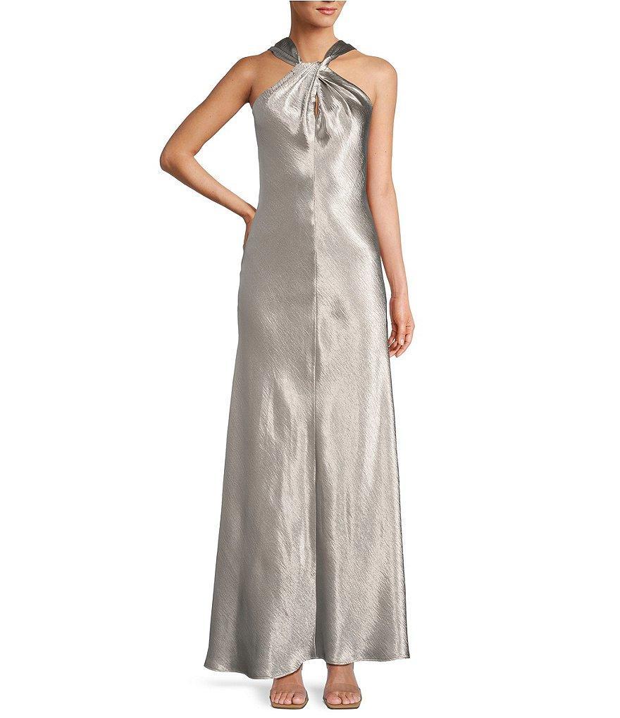 Antonio Melani Selena Metallic Drapey Satin Halter Neck A-Line Slip Maxi Dress Product Image