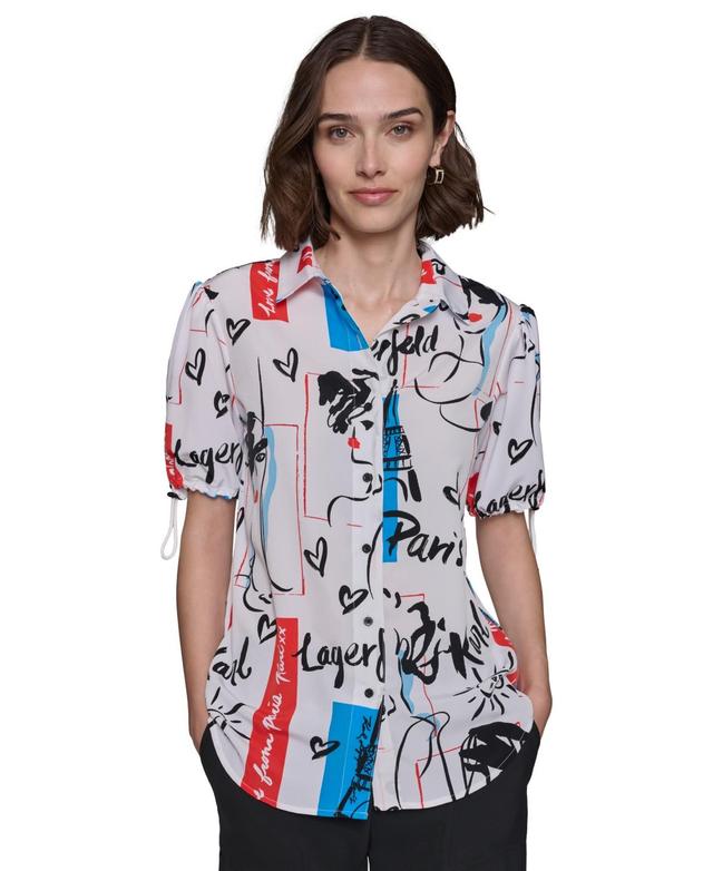 Women's Printed Bungee-Sleeve Button-Down Top Product Image