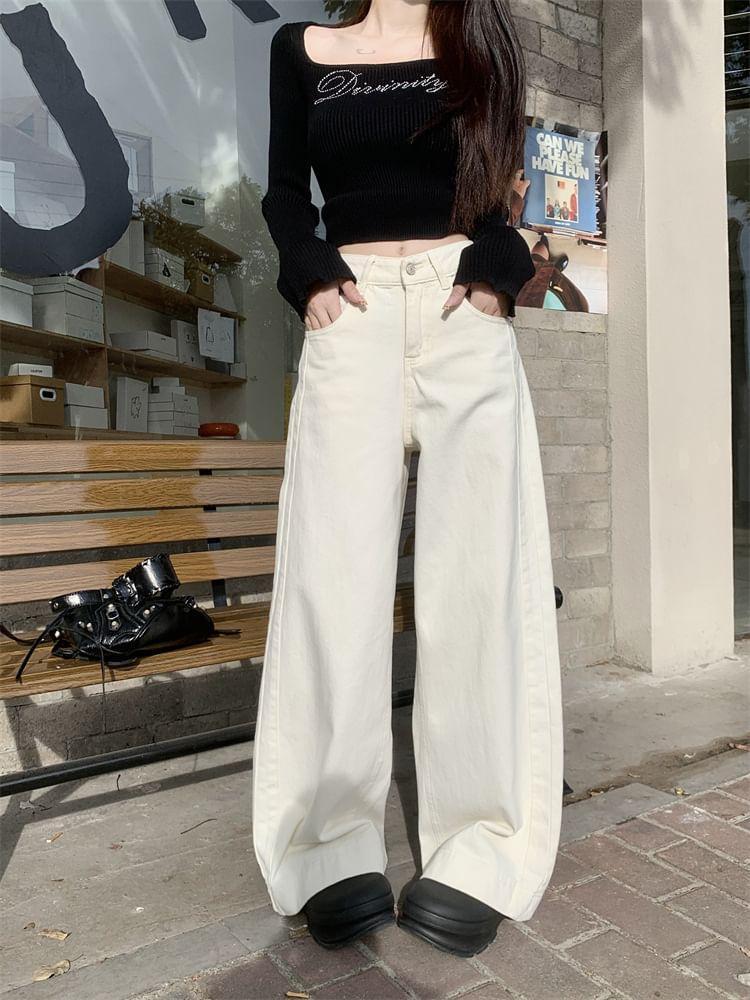 High Waist Plain Fleece-Lined Wide Leg Jeans Product Image