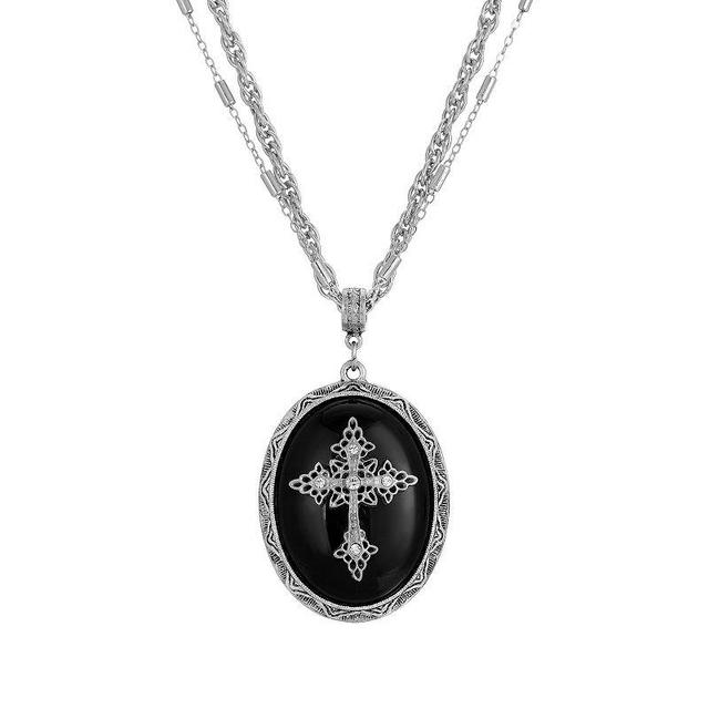 Symbols Of Faith Silver Tone Crystal Cross Cameo Double-Strand Pendant Necklace, Womens, Black Product Image