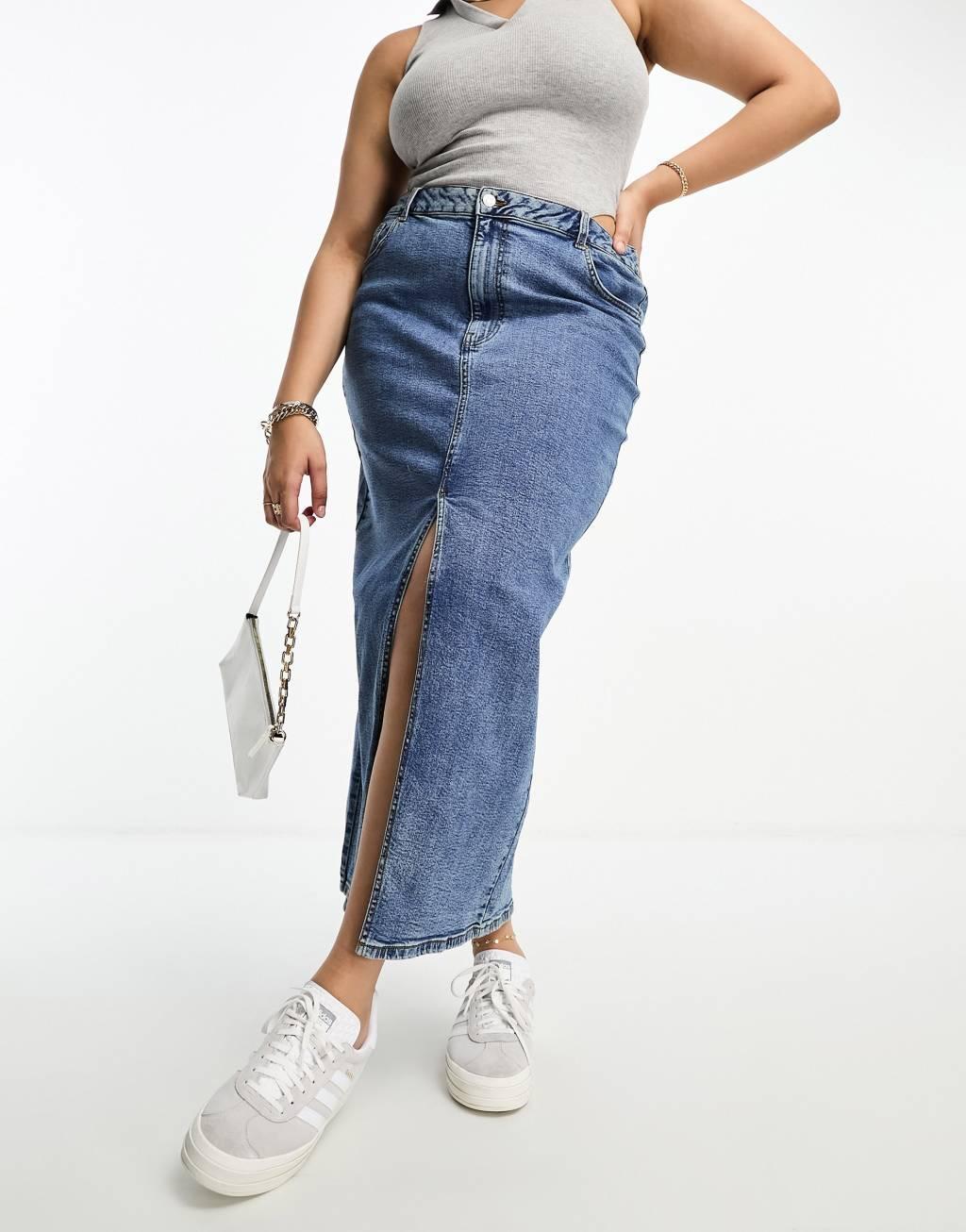 ASOS DESIGN Curve denim maxi skirt with split hem in midwash Product Image