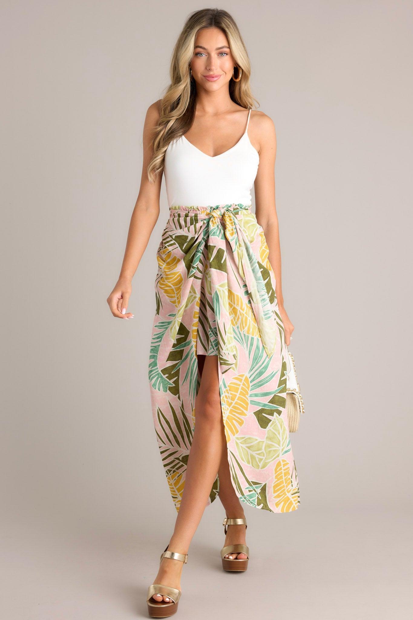 Sunshine Retreat Dusty Pink Tropical Print Wrap Skirt Product Image