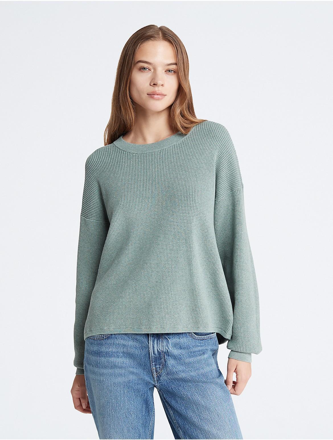 Calvin Klein Womens Smooth Cotton Waffle Crewneck Sweater - Green - XS Product Image