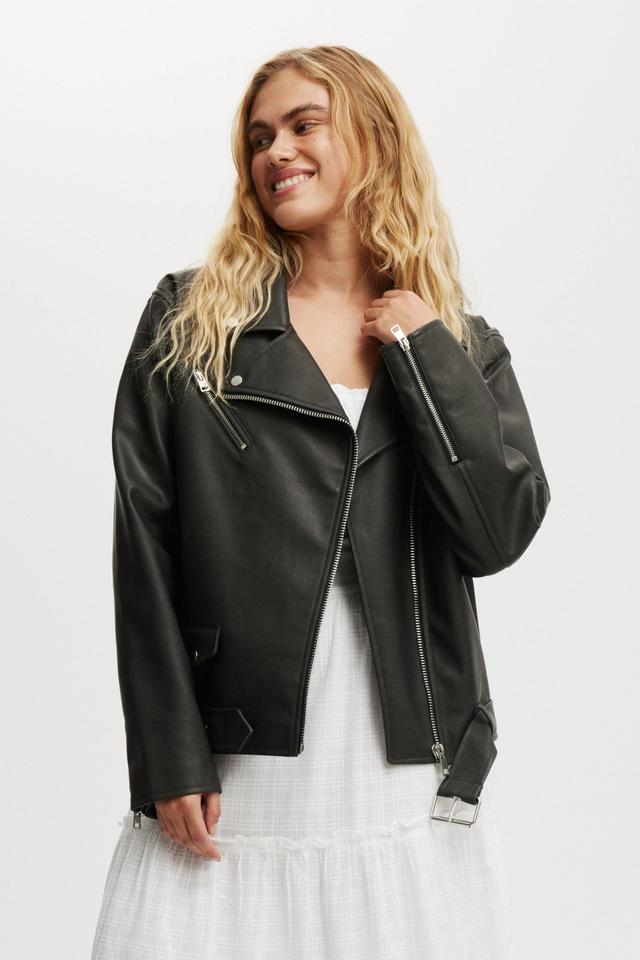 Cotton On Women - Roman Faux Leather Biker Jacket - Washed black Product Image