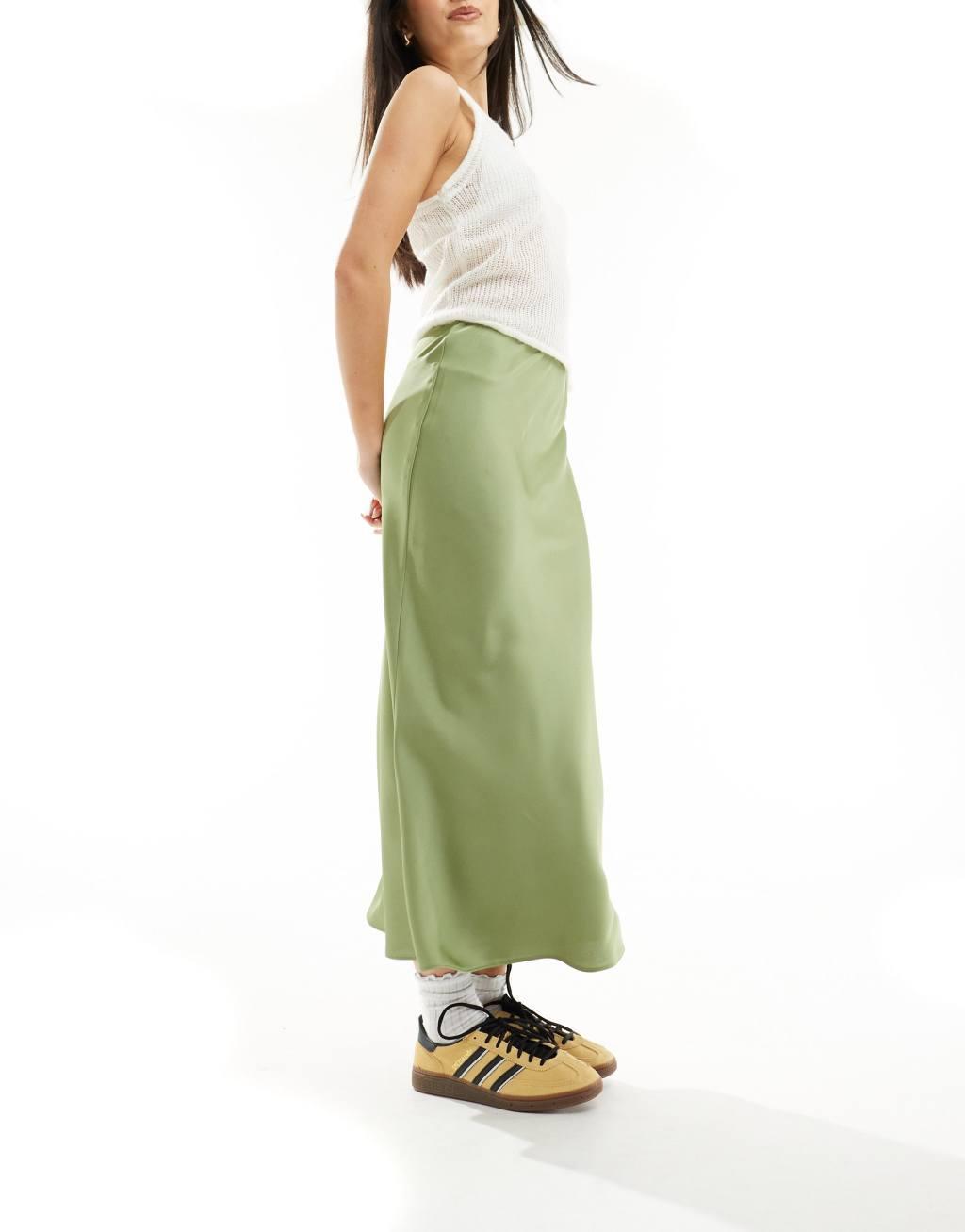 ASOS DESIGN satin bias midi skirt in khaki Product Image