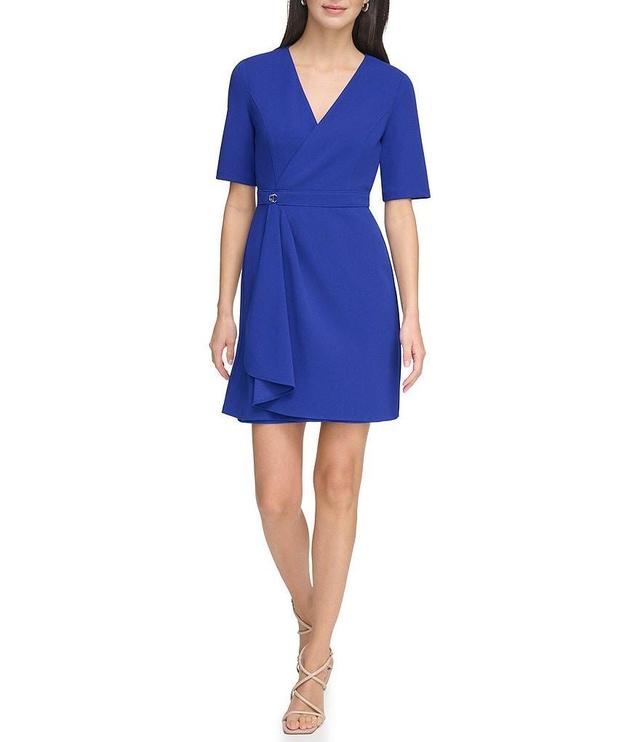 DKNY Surplice Stretch Crepe Surplice V Neckline Short Sleeve Faux Wrap Dress Product Image