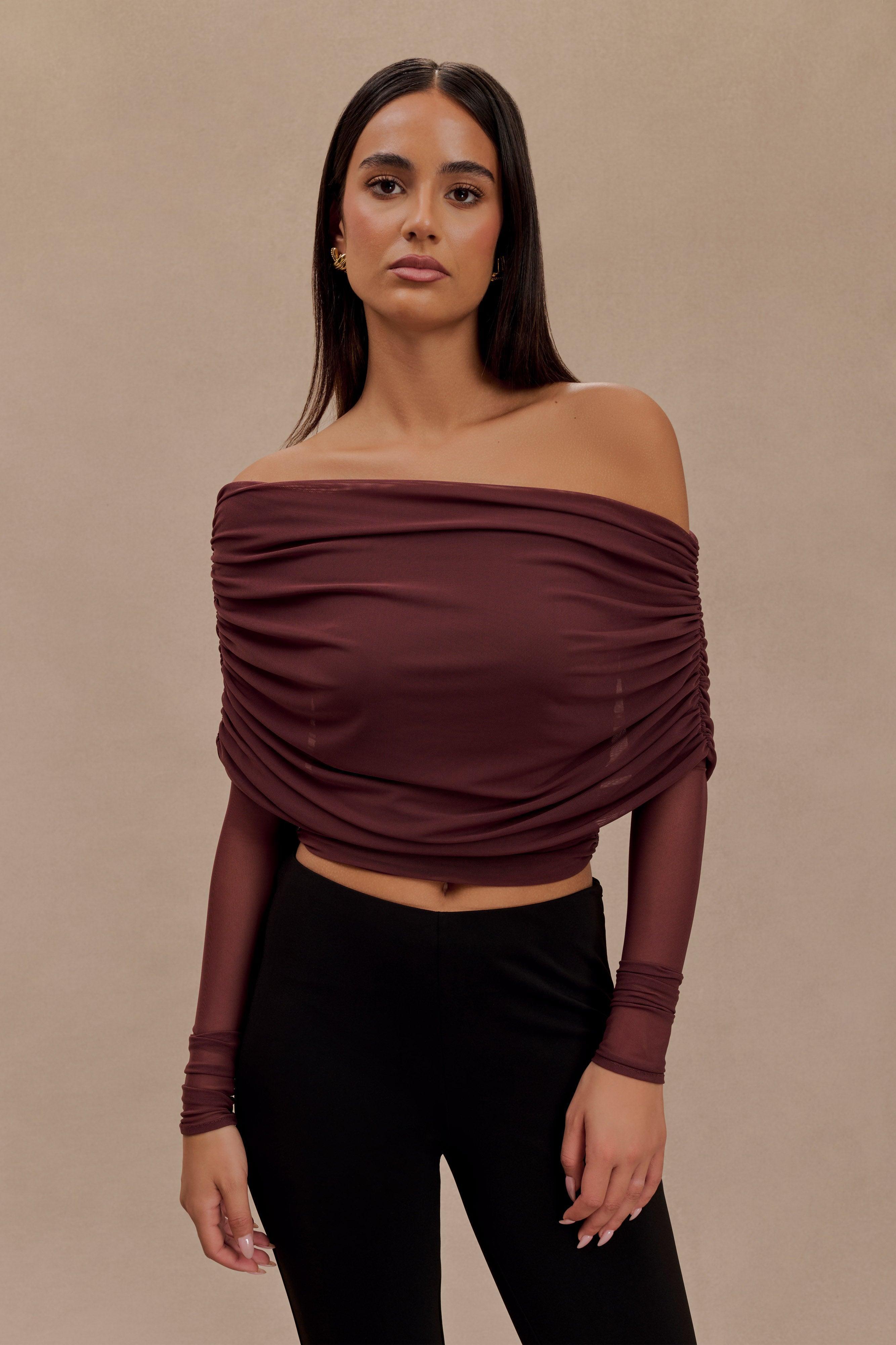 Everly Sheer Mesh Off Shoulder Top - Mahogany Product Image