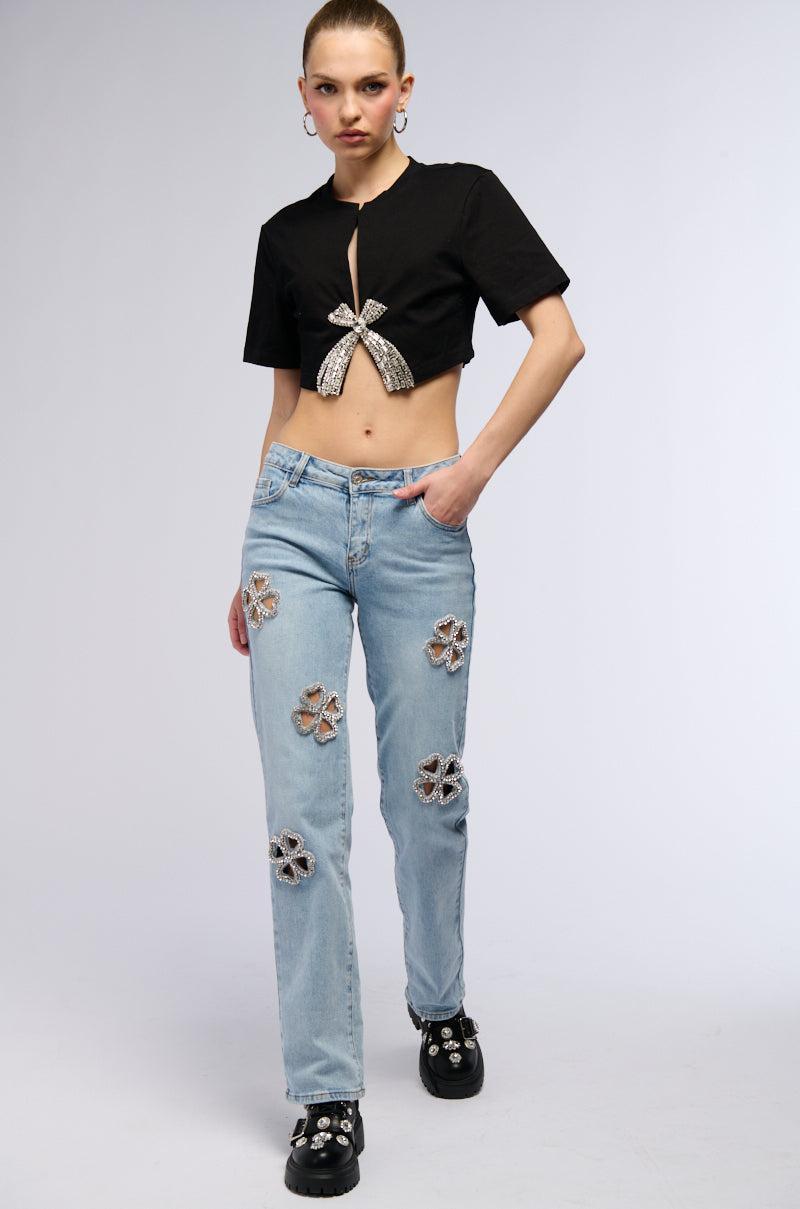 DIVINE FEMININE ENERGY RHINESTONE DETAIL JEANS Product Image