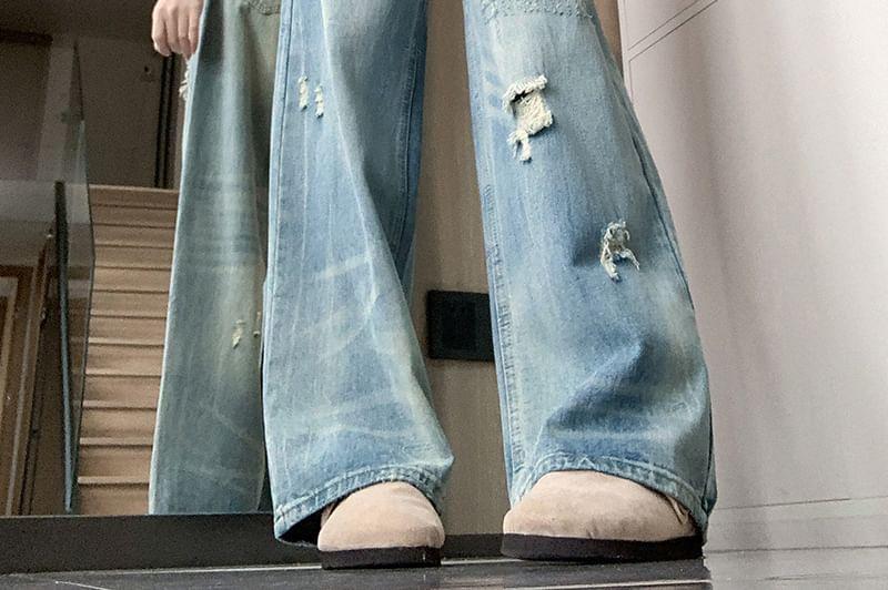 High Rise Washed Distressed Straight-Fit Wide-Leg Jeans Product Image