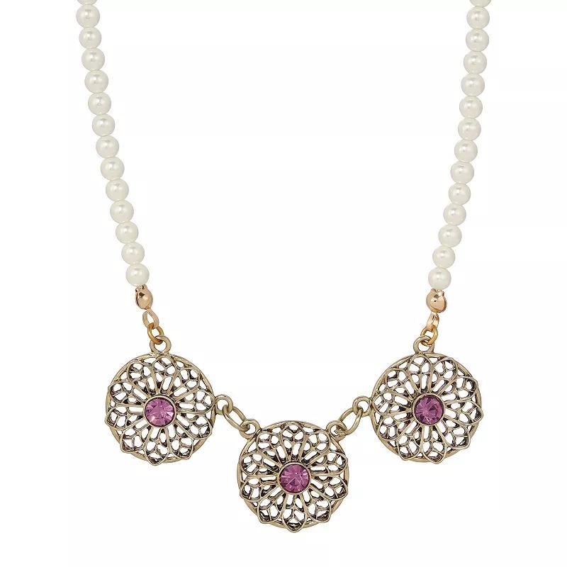 1928 Gold Tone Faux Pearl Filigree Purple Flower Necklace, Womens Product Image