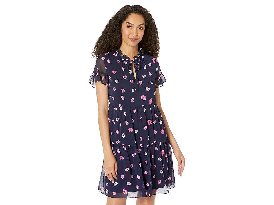 DKNY Printed Ruffle Neck Dress (Navy Multi) Women's Clothing product image